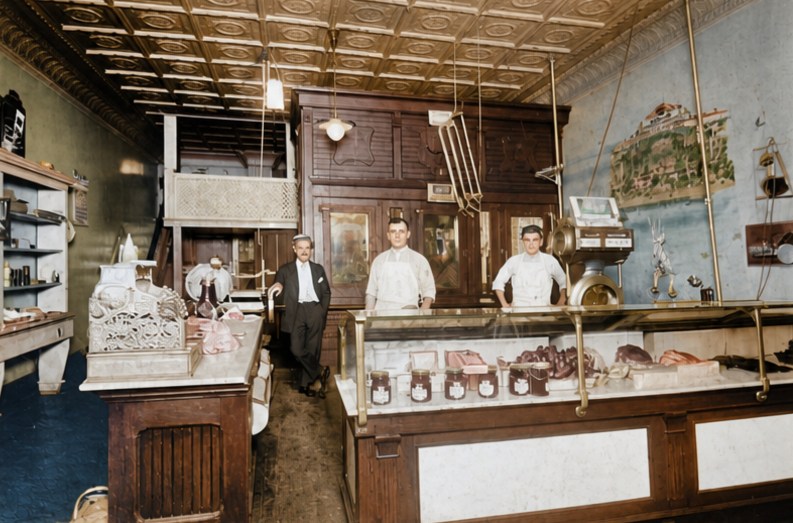 Epoca 2 - Restauro Affettatrici Berkel D'epoca E Volano | Wbs Maschi Vintage Butcher Shop Interior with Four Men Behind a Glass Counter Displaying Meats and Jars.
