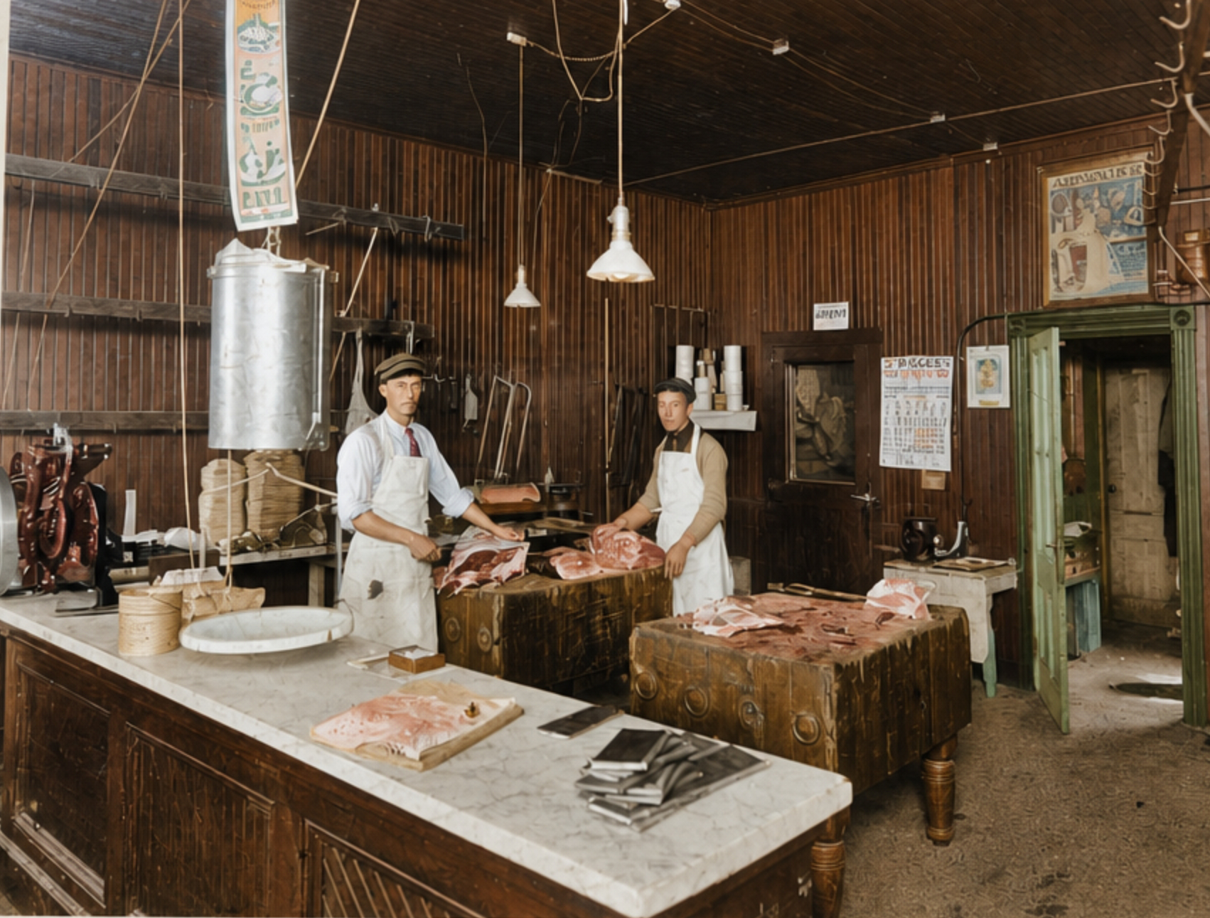 Foto Epoca - Restauro Affettatrici Berkel D'epoca E Volano | Wbs Maschi Two Butchers in White Aprons and Caps Cut Meat at a Marble-topped Counter in a Rustic Wooden Butcher Shop.